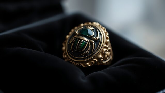 Ornate scarab beetle gemstone seal ring on black velvet with detailed carving.