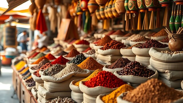 Spice stall in a market with sacks of colorful spices.