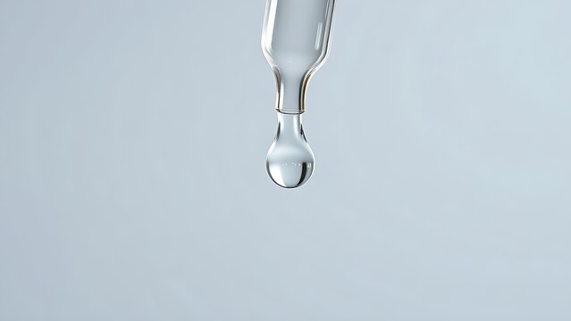 A single clear droplet falling from a glass dropper, studio lighting, clean aesthetic.