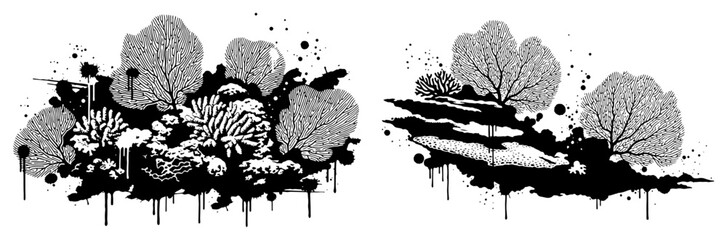 Coral reef and underwater sea plants in black ink splatter style © UrbanDruid