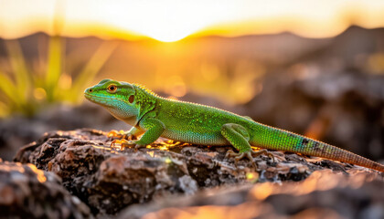 Fototapeta premium A green lizard rests on rocks during sunset. The green lizard blends into the natural setting, illuminated by warm sunlight in the background.