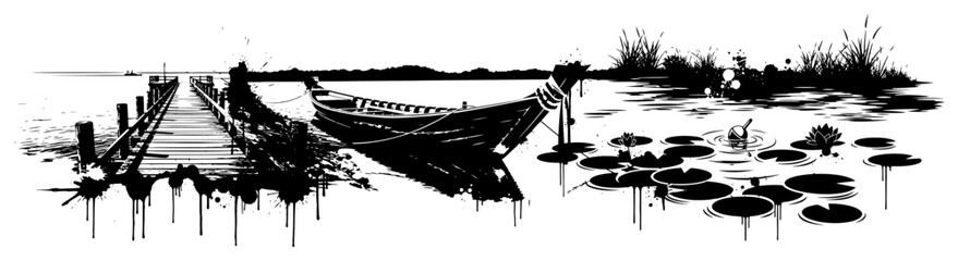 Wooden pier and boat on lake with water lilies in black and white street art style © UrbanDruid