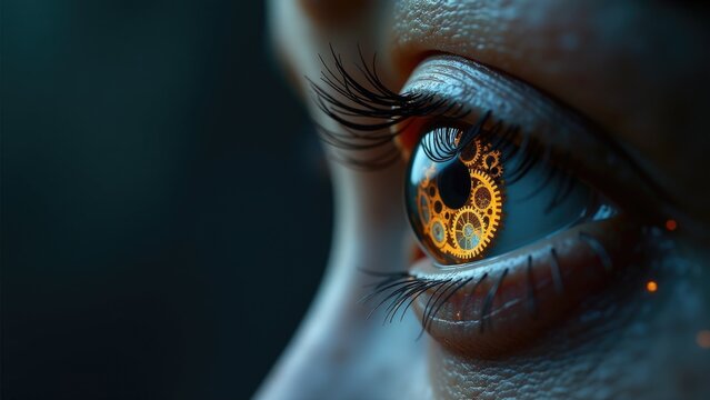 A close-up shot of an eye featuring a clock tattoo or design
