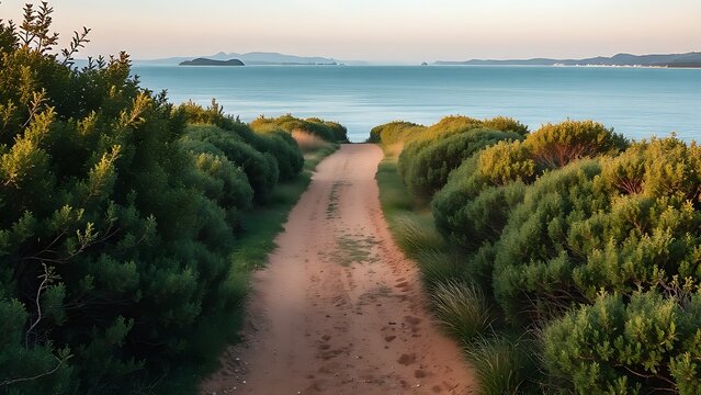 A dirt path through dense bushes connecting two calm bodies of water, serene landscape with deep depth.