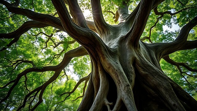 Ancient tree with hollow trunk and thriving green canopy, sunlight filtering through leaves.