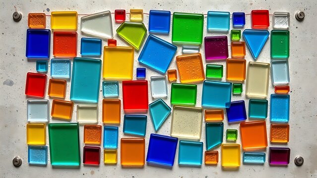 Colorful glass mosaic in geometric pattern on stone surface, top-down view.