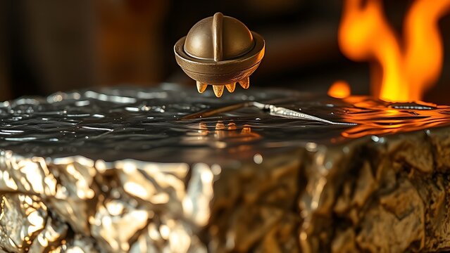 Distorted reflection of a craftsman and furnace flames on a rough silver ingot surface.