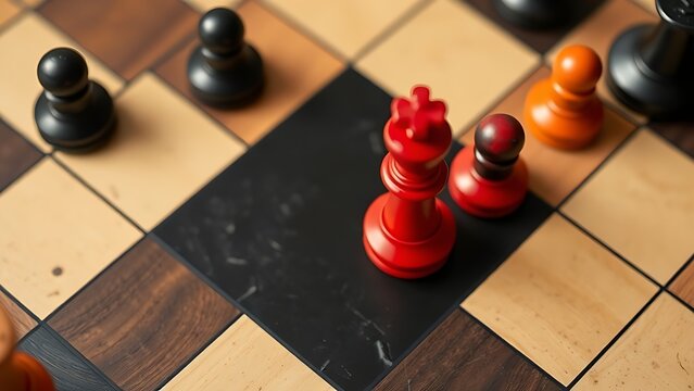 A chessboard with a red pawn advanced into black territory.