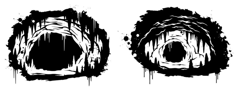 Dark cave entrances with stalactites in black and white graffiti stencil style