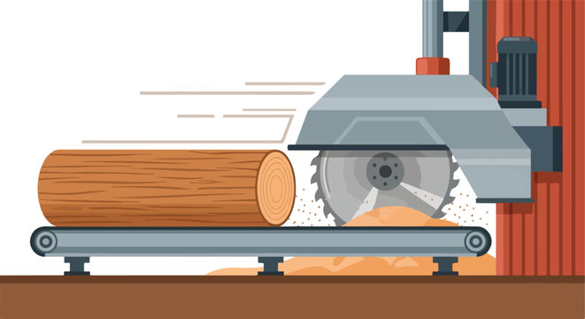 Industrial circular saw cutting a wooden log on a conveyor belt in a sawmill