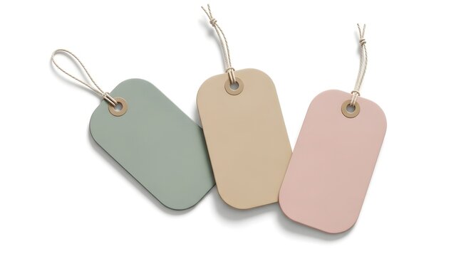 Three pastel color tags with ropes and eyelets, realistic mockup isolated on white background with shadow.