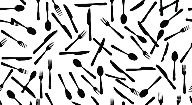 Seamless pattern of black kitchen cutlery silhouettes on white background