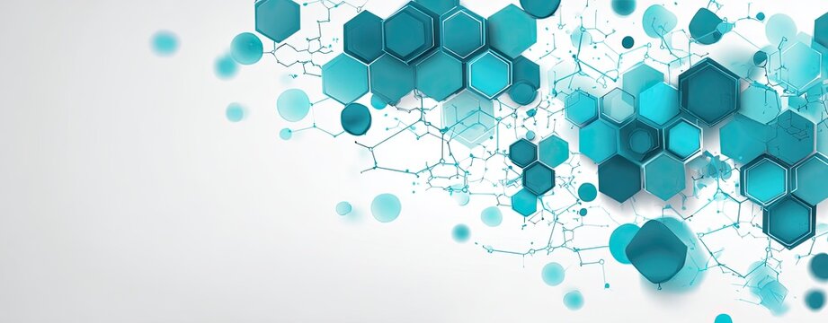 A clean white abstract background densely populated on the right with floating teal 3D hexagons of various sizes and molecular connection lines, representing science and medical technology.