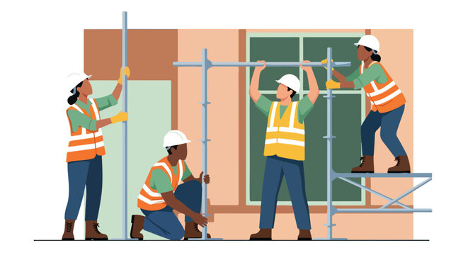 Construction workers in safety gear assemble scaffolding at a building site