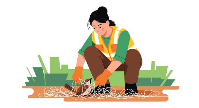 A volunteer in a safety vest carefully untangles a small bird from a white net