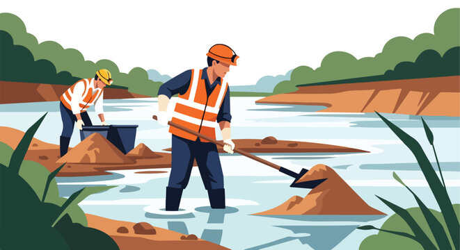 Two workers in safety vests and helmets dredging sand from a river in the woods