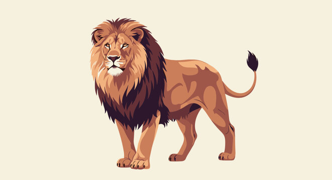 Powerful lion standing in profile view with a thick dark mane and calm expression on a light cream background for wildlife concept.