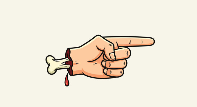 Spooky severed hand illustration with a bone sticking out and blood dripping pointing towards the right side for halloween theme.