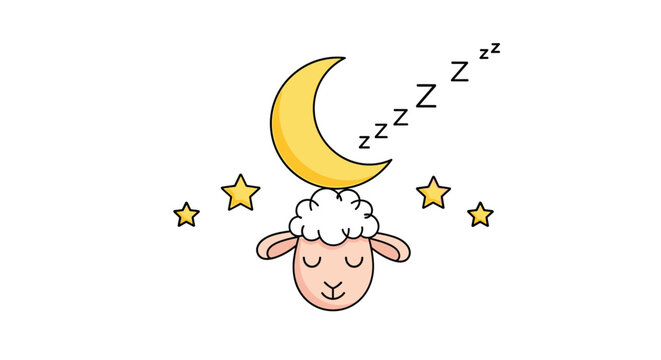Cute sleeping sheep character with a yellow crescent moon and stars above its head and snoring text on a white background for kids.