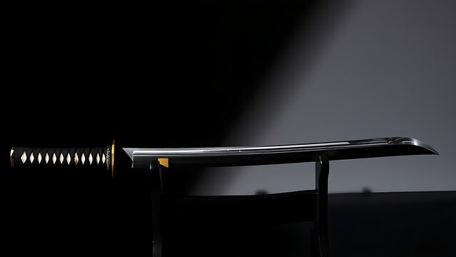 Japanese katana on dark lacquered stand with sharp shadows.