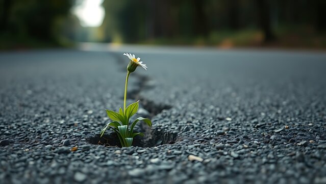 A resilient wildflower growing from a crack in an asphalt road.