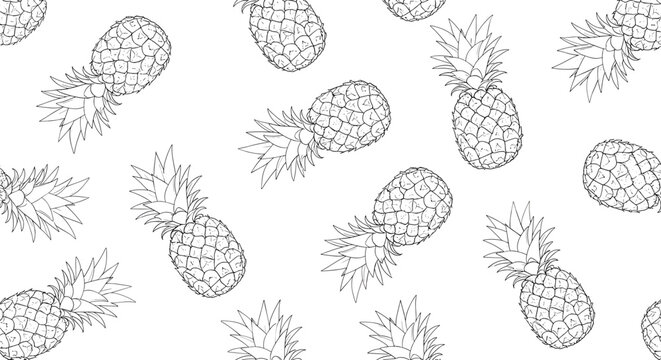 Tropical seamless pattern featuring hand drawn sketchy pineapples with crosshatch texture on a white background for summer theme.