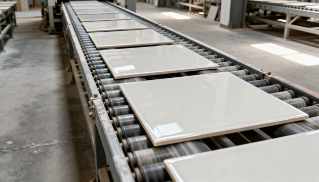 Light-colored, glossy ceramic tiles are transported along a roller conveyor belt in a tile manufacturing factory.