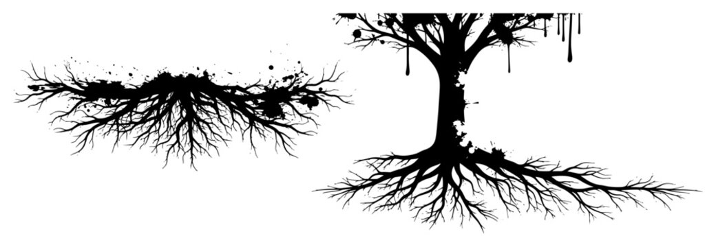 Tree root system with ink drips in black and white graffiti stencil style