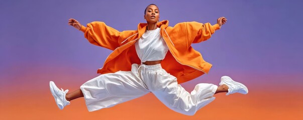 Obraz premium Energetic female model jumping in orange hoodie and white streetwear against colorful backdrop