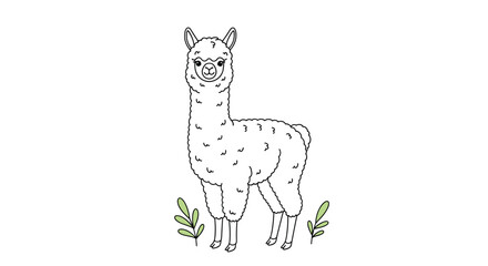 Fototapeta premium Elegant line art drawing of a fluffy alpaca or llama standing in a field with simple leaf decorations on a clean white background.