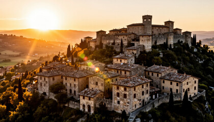 Obraz premium The scene captures a historic castle atop a hill. The castle and surrounding village bathe in golden sunlight during sunset.