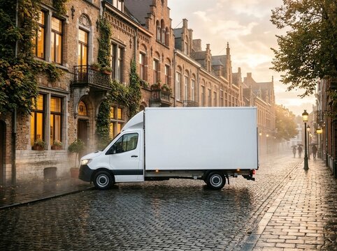 White delivery van on old cobblestone street
