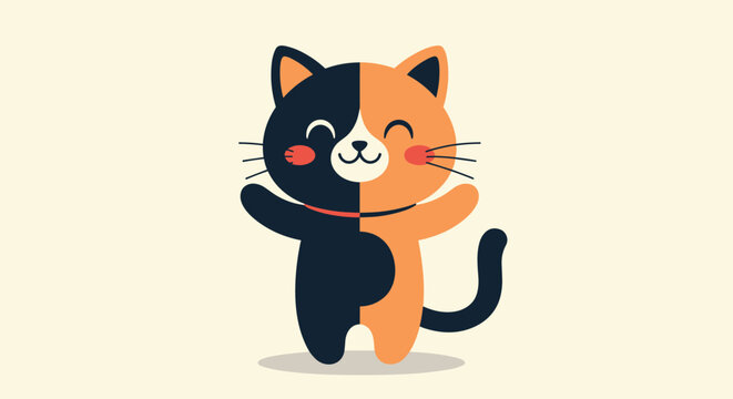 Friendly cartoon calico cat character with split black and orange face colors standing and waving on a warm cream background.
