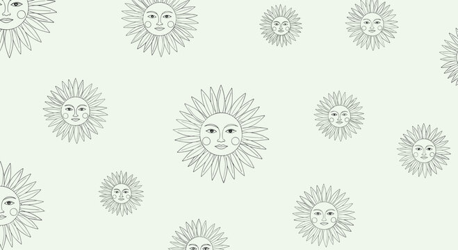 Vintage style seamless pattern of celestial suns with human faces and long rays on a soft light green background for textile print.