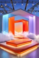 Fototapeta premium Hexagonal neon stage with fog and colorful lights on a futuristic platform set