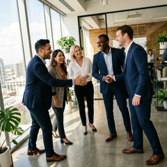 Obraz premium Diverse business professionals shaking hands in modern office