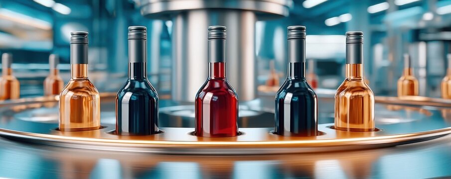Bottling line with wine bottles on a conveyor in a modern beverage production facility