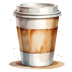 Disposable Paper Coffee Cup with Plastic Lid for Takeaway Drink Menu, Watercolor To Go Beverage Illustration for Cafe Branding and Street Food Design, Isolated Transparent PNG