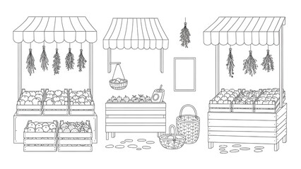 Fototapeta premium Traditional Fruit Market with Wooden Crates Line Art