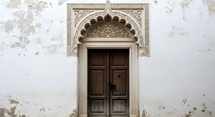 Fototapeta premium Ornate Archway Entrance with Rustic Wooden Door, Traditional Architecture Detail, Exterior Facade