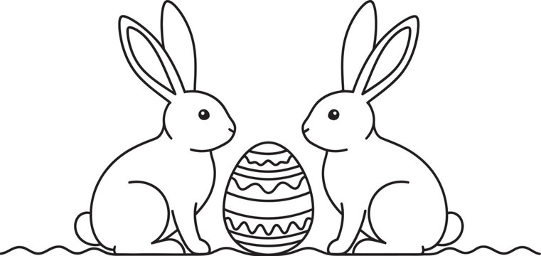 Two bunny rabbit facing decorated easter egg