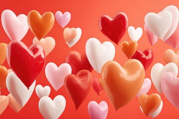 Fototapeta premium Red and pink heart balloons floating on a warm red background for love and celebration
