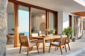 Obraz premium Teak outdoor dining set on sunlit coastal terrace with wooden table and cushioned chairs