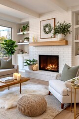Obraz premium Cozy living room with white fireplace decorated for Christmas and modern seasonal decor