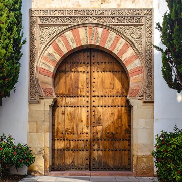 A large wooden door with an arched top and decorative stonework