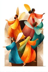 Obraz premium Watercolor illustration of the empty tomb with angels and women celebrating the resurrection on Easter morning
