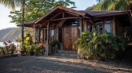 Fototapeta premium beachfront. Charming wooden cottage by the beach at sunset, surrounded by lush tropical greenery. inspiring travel planning.