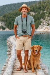 Fototapeta premium Man smiling on a wooden log bridge with his golden retriever by a turquoise lake