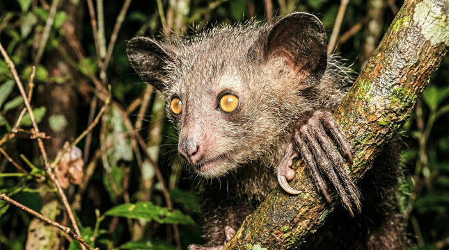 
Aye aye lemur close up portrait on tree branch