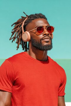 Stylish young man with dreadlocks wearing headphones and sunglasses in a red t-shirt enjoying music outdoors